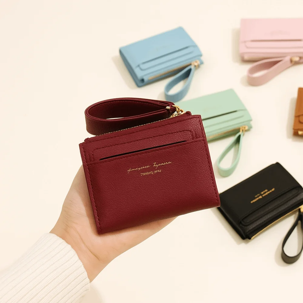 

Portable Women Folding Wallet Multiple Card Snap Button Solid Color Card Bag Classic Korean Style Lady Short PU Purse Student