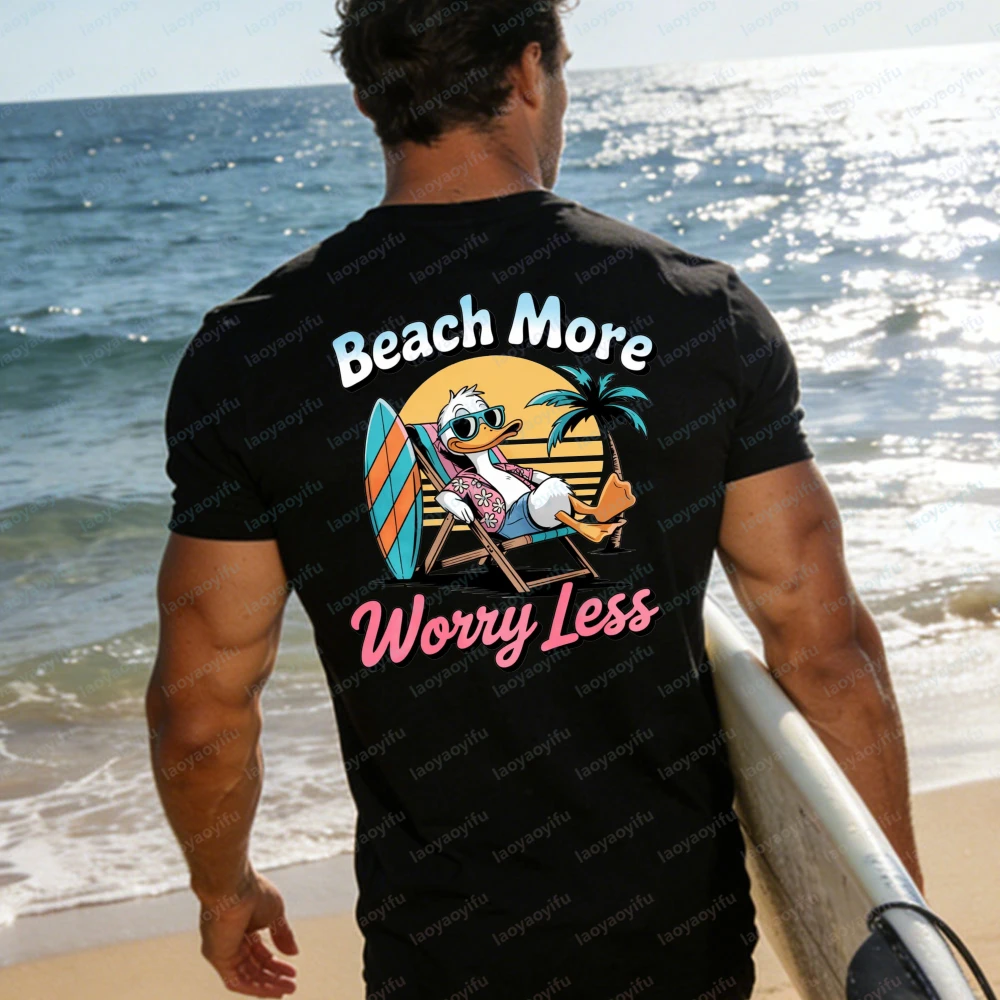 Beach More Worry Less Duck T-Shirt Women Retro Cartoon Graphic Tees Summer Casual Short Sleeve Cotton Tops Vacation Beach Shirts