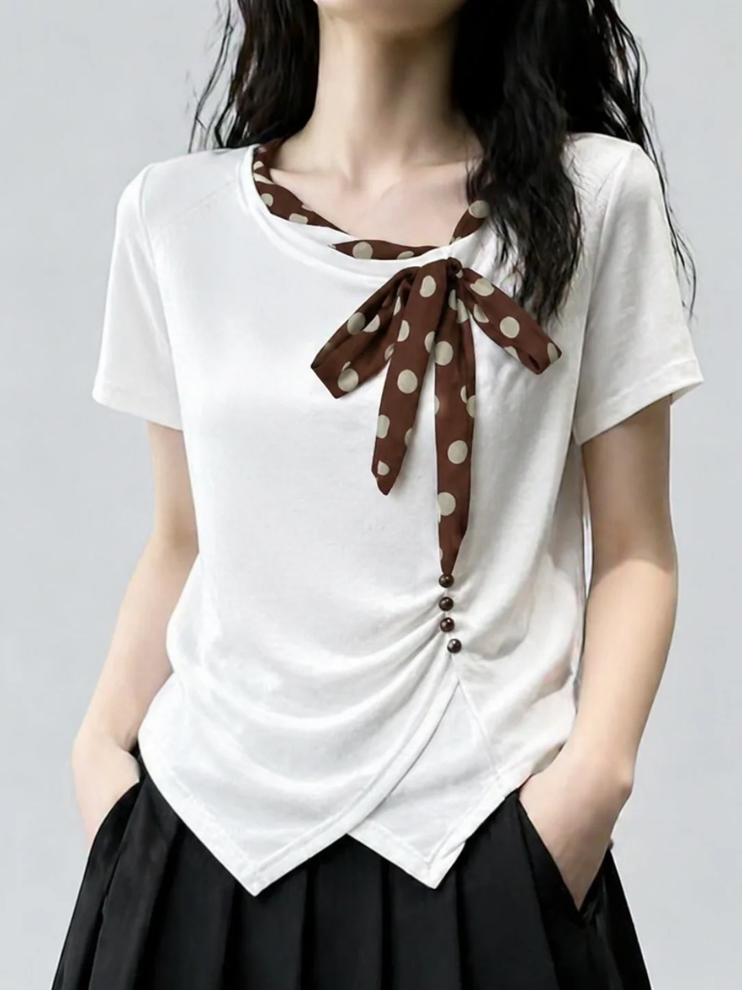 

Summer Polka Dot T-Shirt Women's Skin-friendly Slim Fit Short Sleeve Design Sense Knot Casual Style round Neck Top