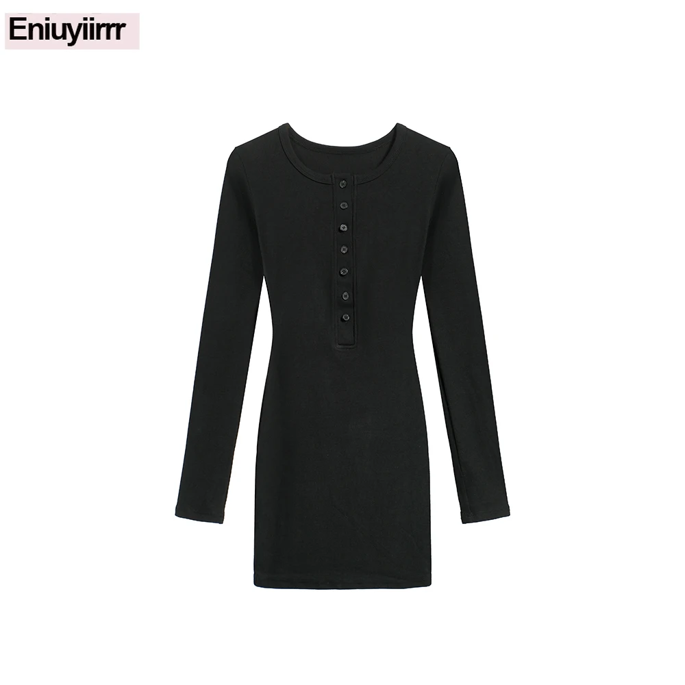 コットン混紡ブラックTシャツワンピース　2025年秋新作　長袖ベーシックウェア　スリムフィットボディコン　キュートなミニ丈ワンピース