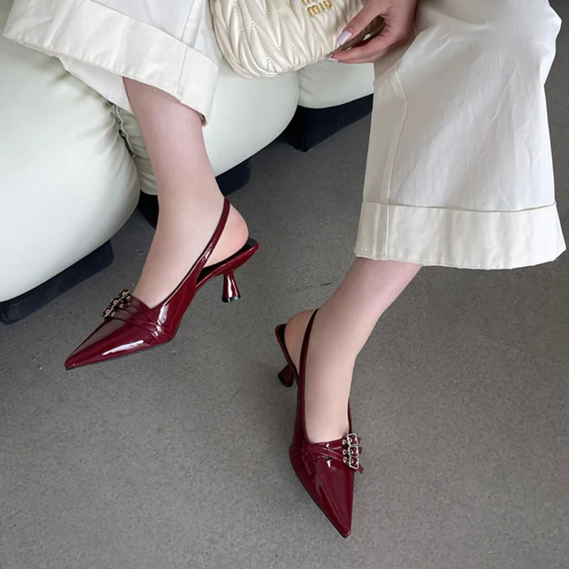 Big Size Female Pointed Toe Footwear Red Pumps Medium Heels Shoes For Women New In 2024 Fashion Metal Buckle Ladies Heels Shoes