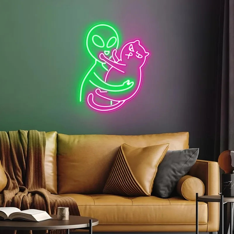 Alien Cat Neon Sign,Green Alien Petting Cat LED Light for Game Room,Party, Light Wall decor Best Gifts for Teenage Boys, Kids