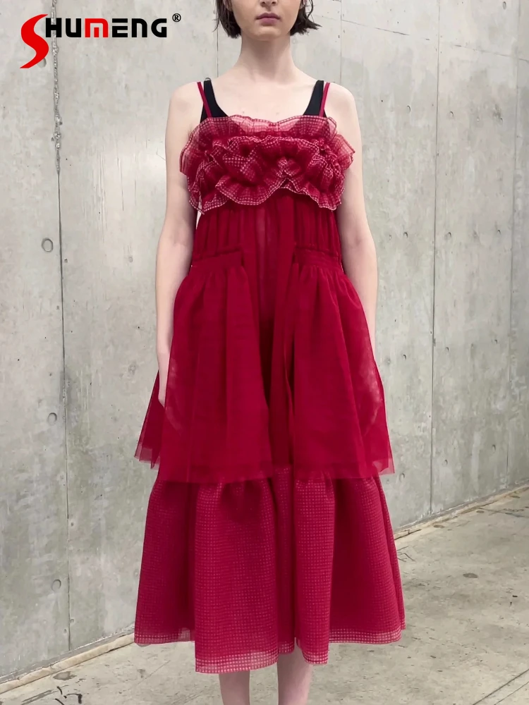 

Japanese Style Fashion Sweet Heavy Industry Red Sleeveless Dress 2025 New Women's High Waist Slim Mesh Outerwear Sling Dress