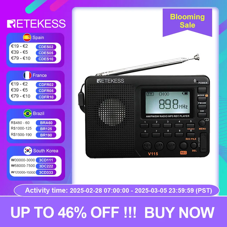 RETEKESS Rádios V115 Radio Portátil AM FM SW radio fm portatil recarregável ,alimentado por bateria, Full Band,USB, gravador,Sound box para presente