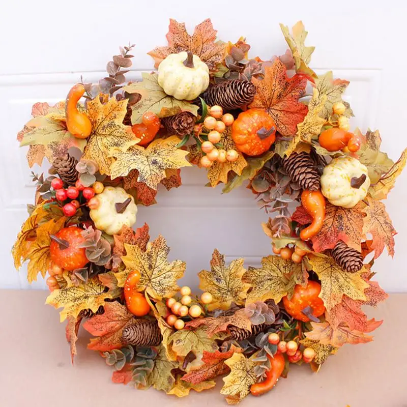 Autumn Wreath Artificial Maple Leaf Pumpkin Sunflower Door Wreath Fall Garland For Halloween Thanksgiving Hanging Ornaments