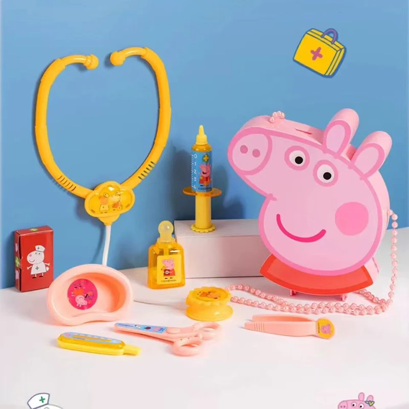 مجموعة الطبيب الصغير الأصلية لمحاكاة Peppa Pig للأطفال الذين يذهبون إلى المنزل من الذكور والإناث لعبة حقن الممرضة وسماعة الطبيب هدية