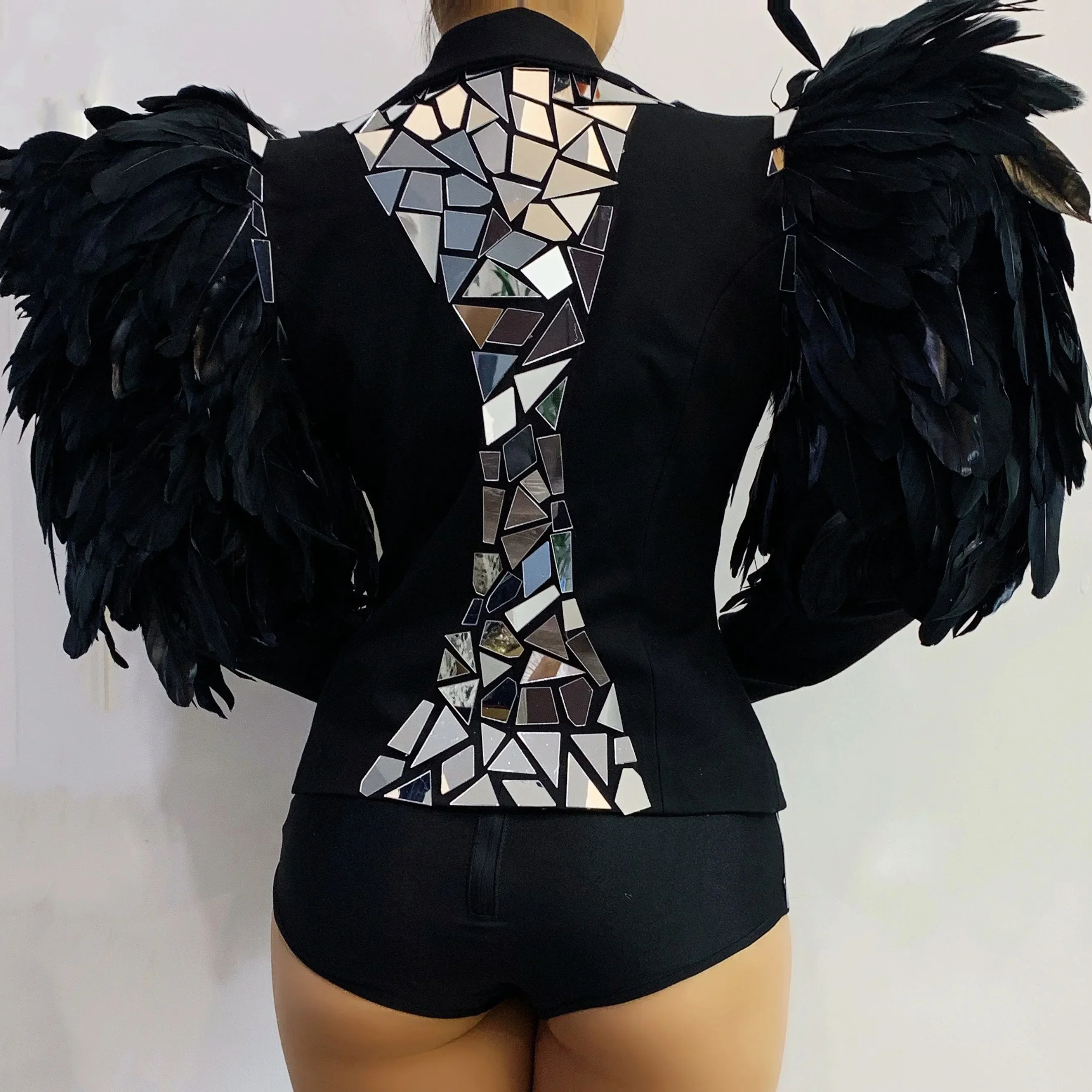 Women Singer Concert Exaggerated Performance Costume Black Feather Silver Mirror Coat Sequin Bikini Nightclub Stage Dance Outfit