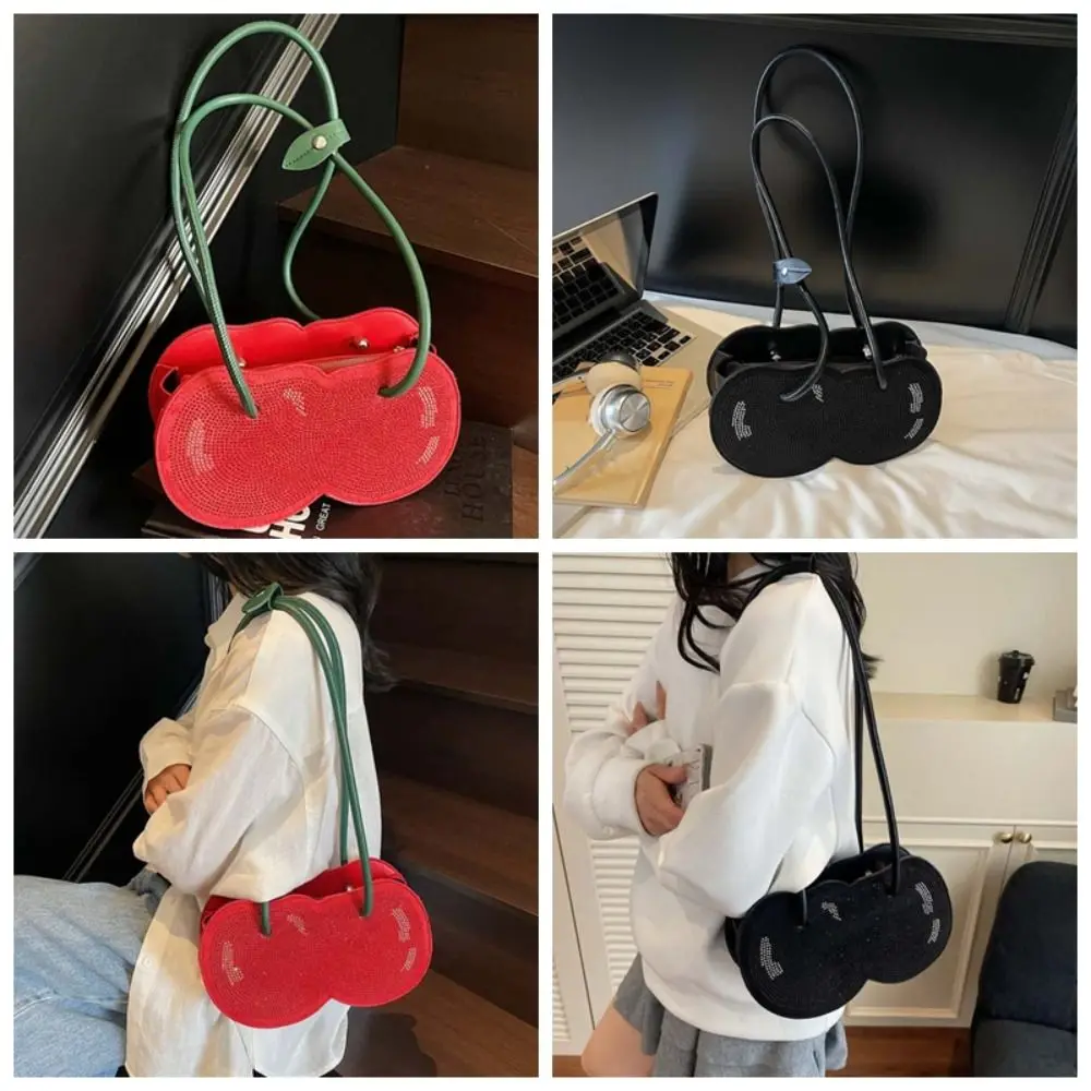 الحلو الكرز شكل حقيبة تحت الإبط مكافحة سبلاش المياه الإبداعية الفاكهة الحمراء حقيبة يد البوليستر سعة كبيرة بولي حجر الراين حقيبة عطلة #5