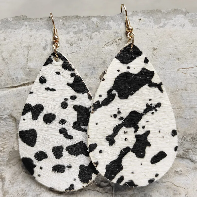 New Large Water Drop Shape Real Cowhide Leopard Earrings Western Original Leather Earrings Denim Earrings Gift Wholesale