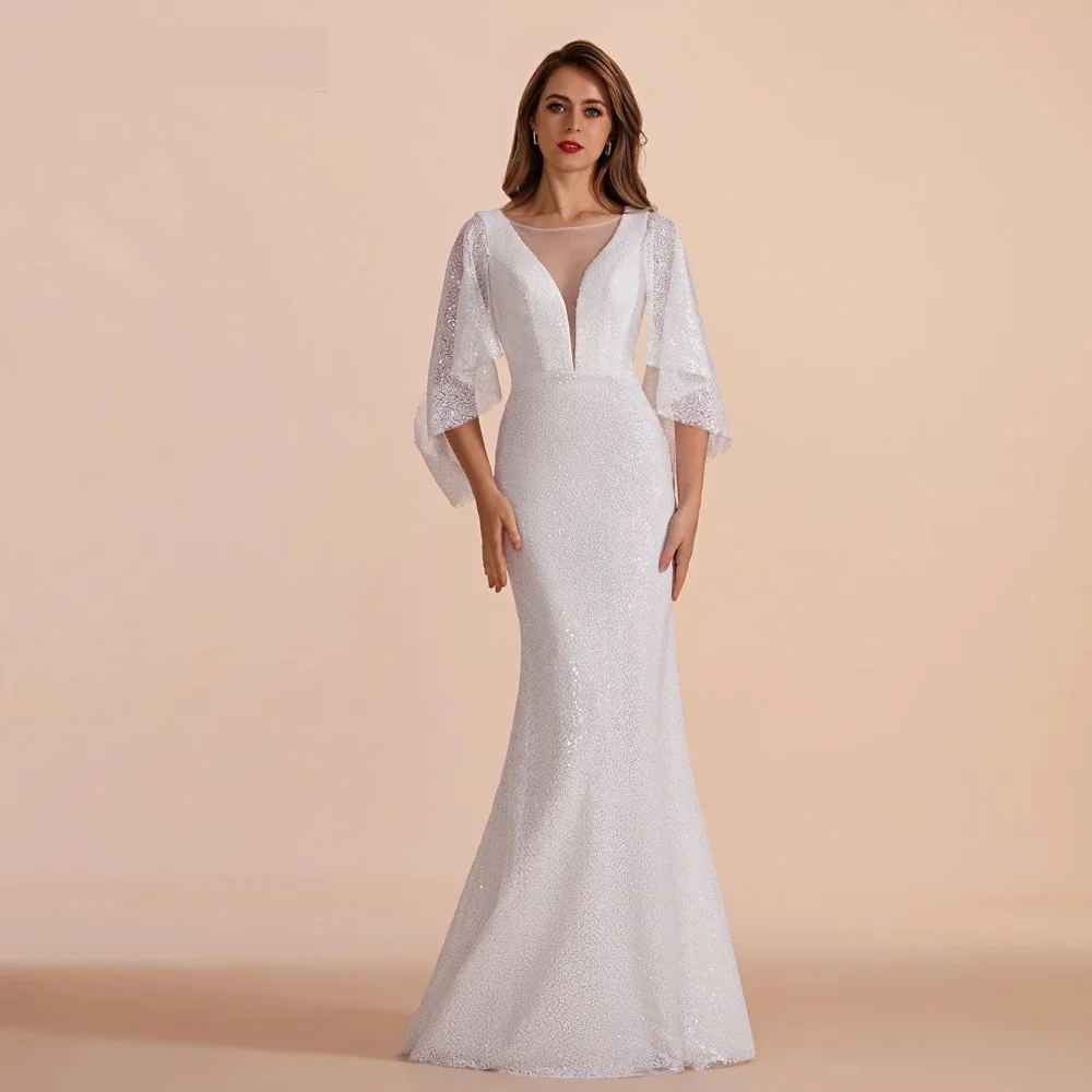 Abito da sposa con scollo a v abito da sera lungo con paillettes abito da sera a figura intera sirena Lvory Prom formale per le donne 2023