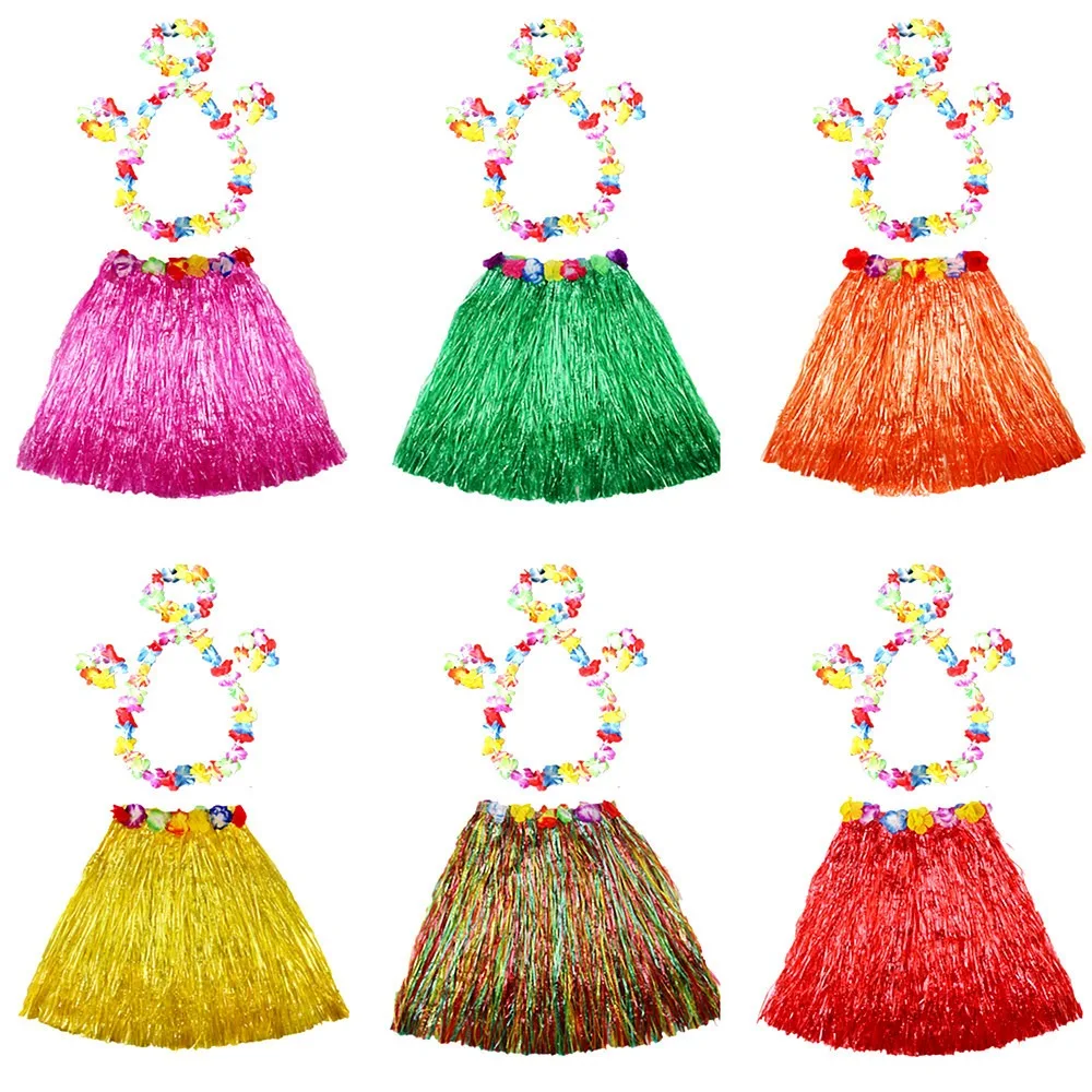 1Set Ladies Women Hawaii Fancy Dress Grass Skirt Hula Hawaiian Full Charming 40CM Garland Headband Bracelet Costume