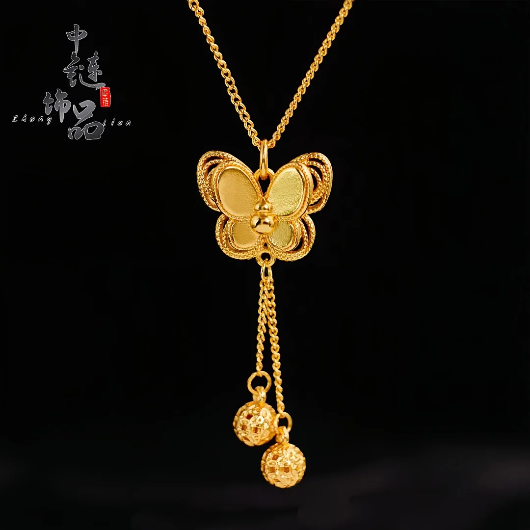 Double brushed butterfly tassel lantern necklace 9999gold
