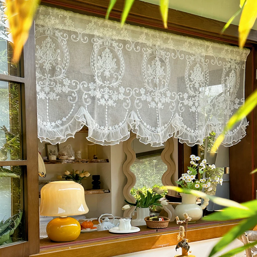 French Double Pearls Lace Bottom Short Sheer Curtain White High-Grade Embroidered Half Yarn Drapes For Window Kitchen Door