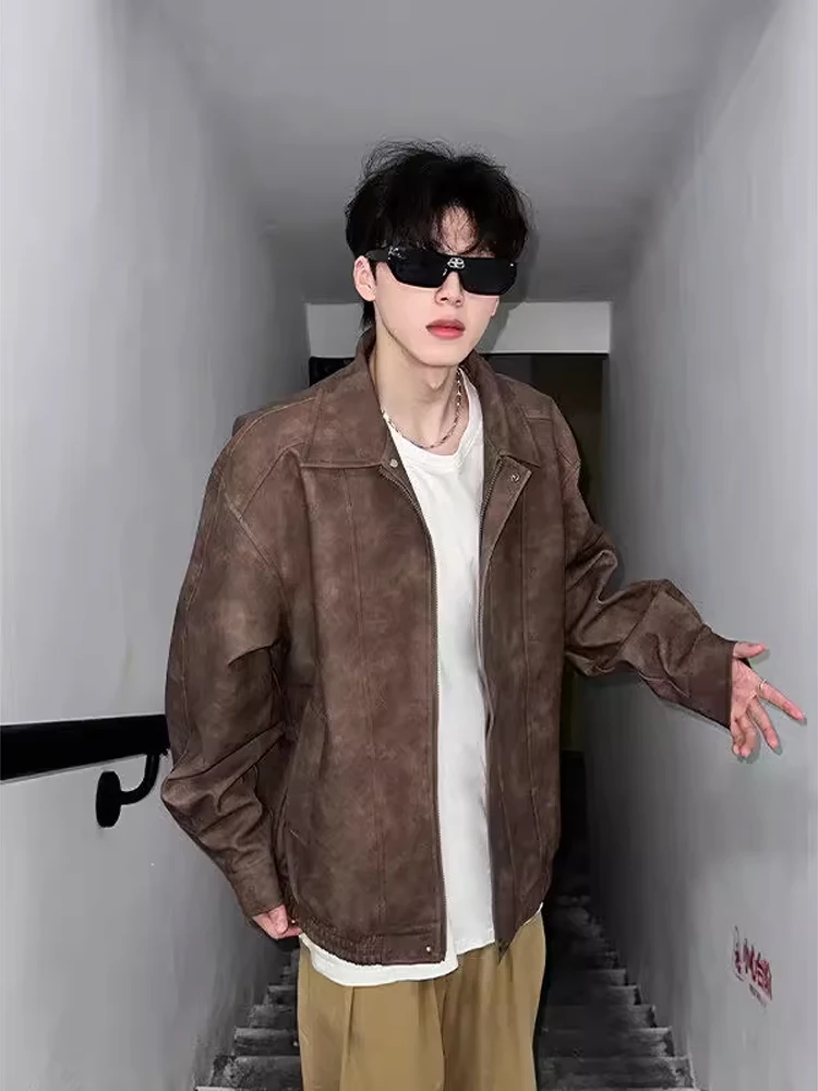 

Коричневый кожаный джет в американском стиле ретро, мужской осенне-зимний крутой воротник с высокой чувствительностью, бейсбольный джет для полета, мотоцикла