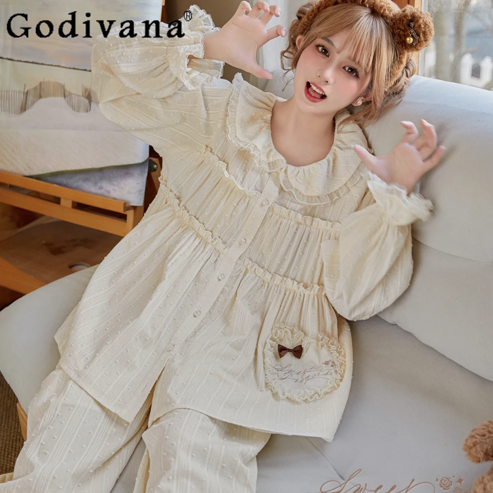 

Sweet Cute Women's Sleepwear Pyjamas Long Sleeve Pijama Female Set Negligee Pullover Set Homewear Pajamas