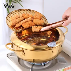 Stainless Steel Frying Pot with a Thermometer Gold Kitchen Utensils Tempura Fryer Pan Convenient Skillet Cookear