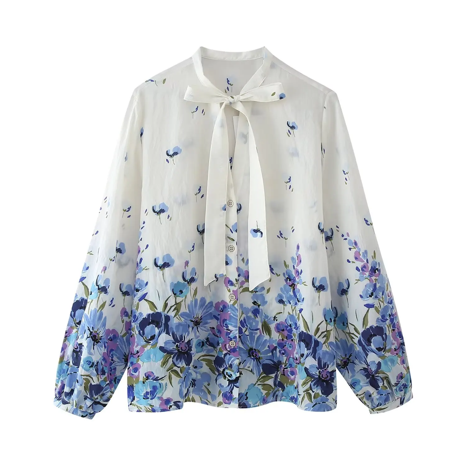 

Flower Print Shirt For Women With Bow Tie Stand Collar Button Up Long Sleeve Loose Blouse 2025 New Summer Fashion Vacation Tops