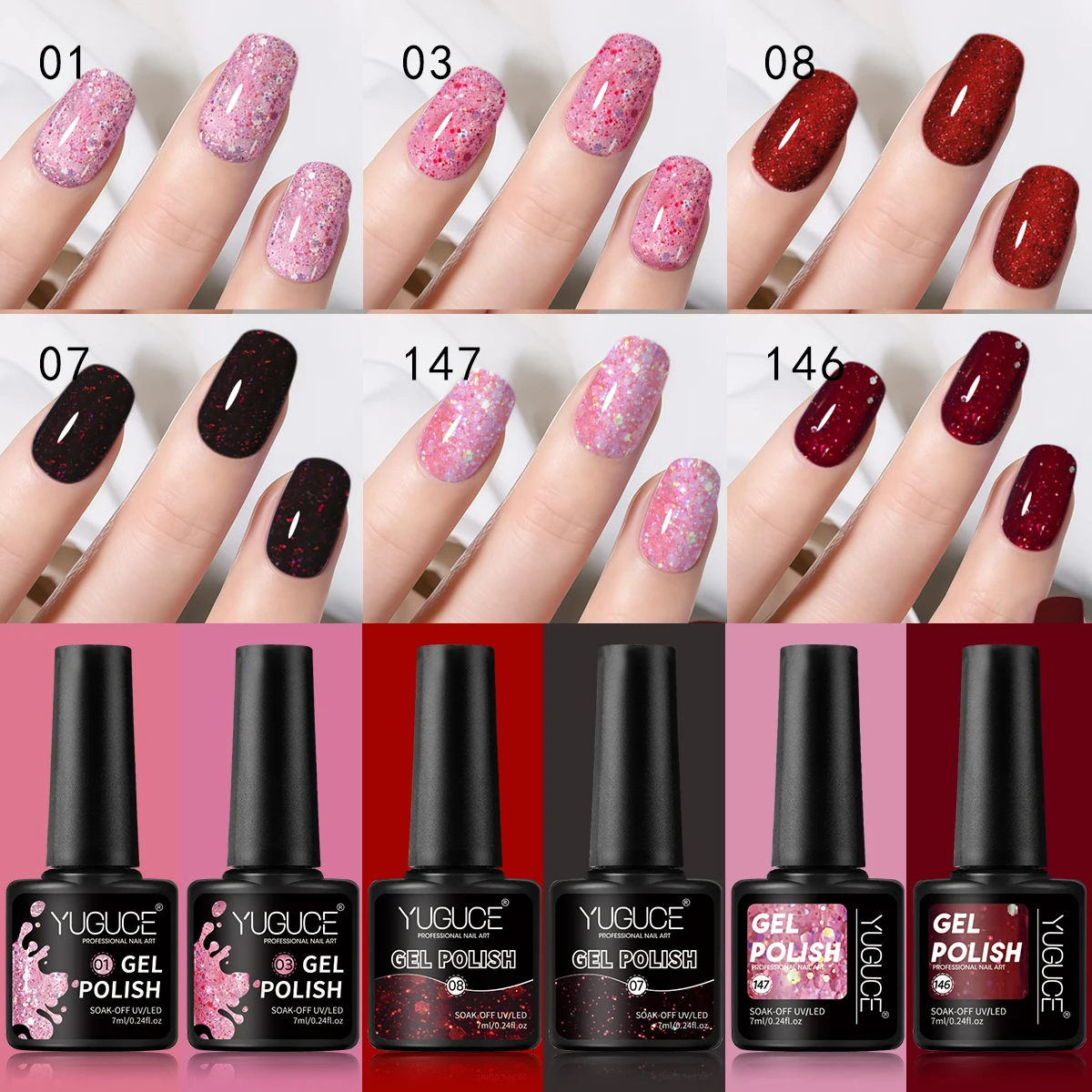 Yuguce 6-teiliges funkelndes Glitzer-Nagelgel-Set, satte Textur, formaldehydfrei, UV/LED-Härtung, rosa/rote Serie, perfektes Weihnachtsgeschenkbox-Set für Mädchen, Neujahrs-Nagelkunst
