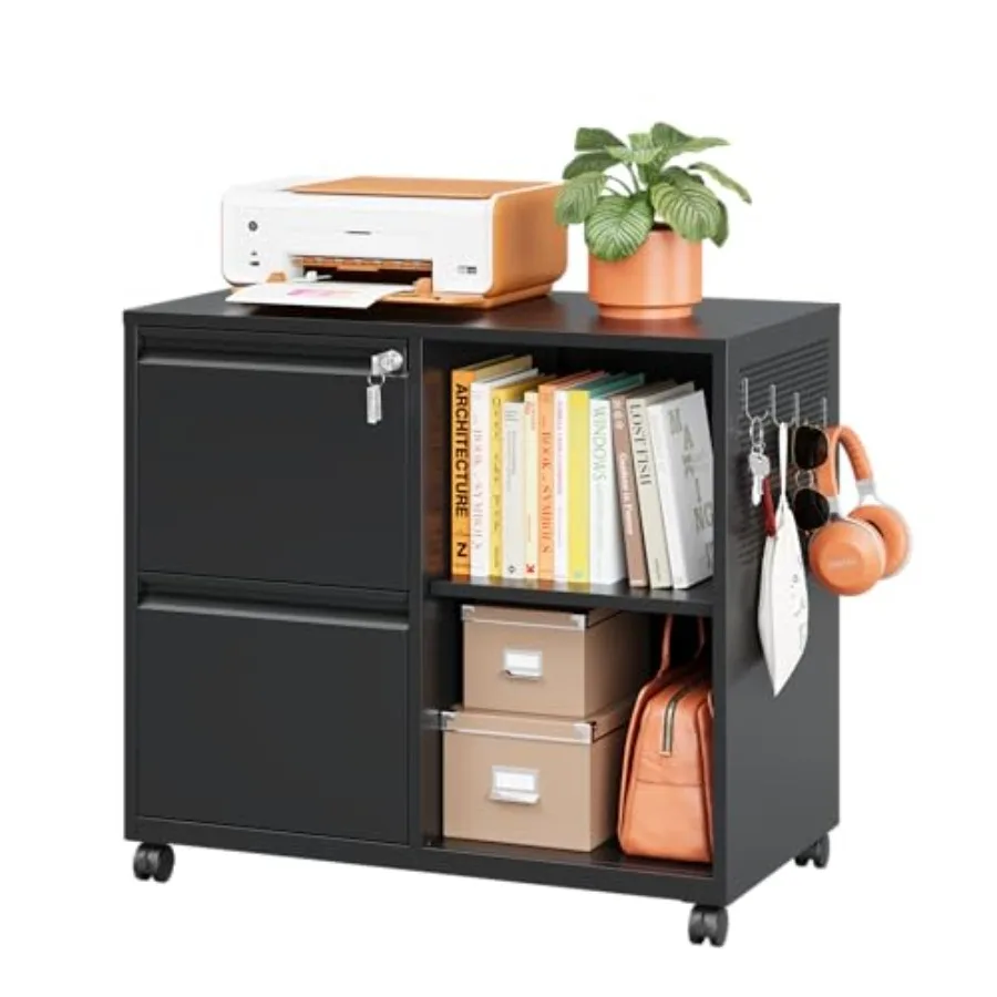 Mobile File Cabinet with Side Hook, 2 Drawer Lateral File Cabinet with Lock fits A4/Letters/Legal Size for Home Office, Metal R
