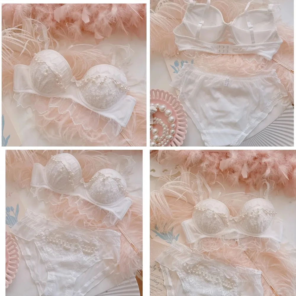 

Pearl Embellished Push Up Bralette Set, Seamless Lace Underwear Comfortable Anti-Sagging