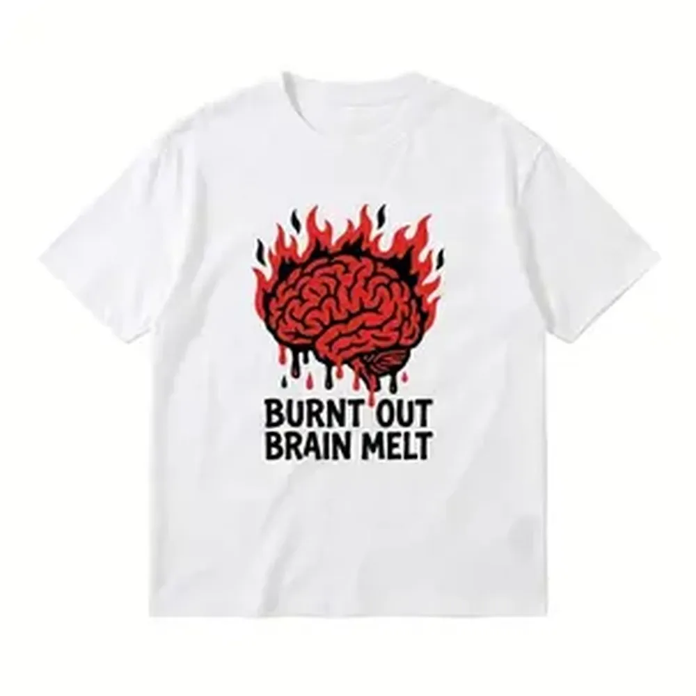 Men's casual printed T-shirt brain melt print with plain decoration, breathable crew neck design, trendy summer street style clothing, machine washable, comfortable and versatile daily fashion top, regular fit, pure cotton