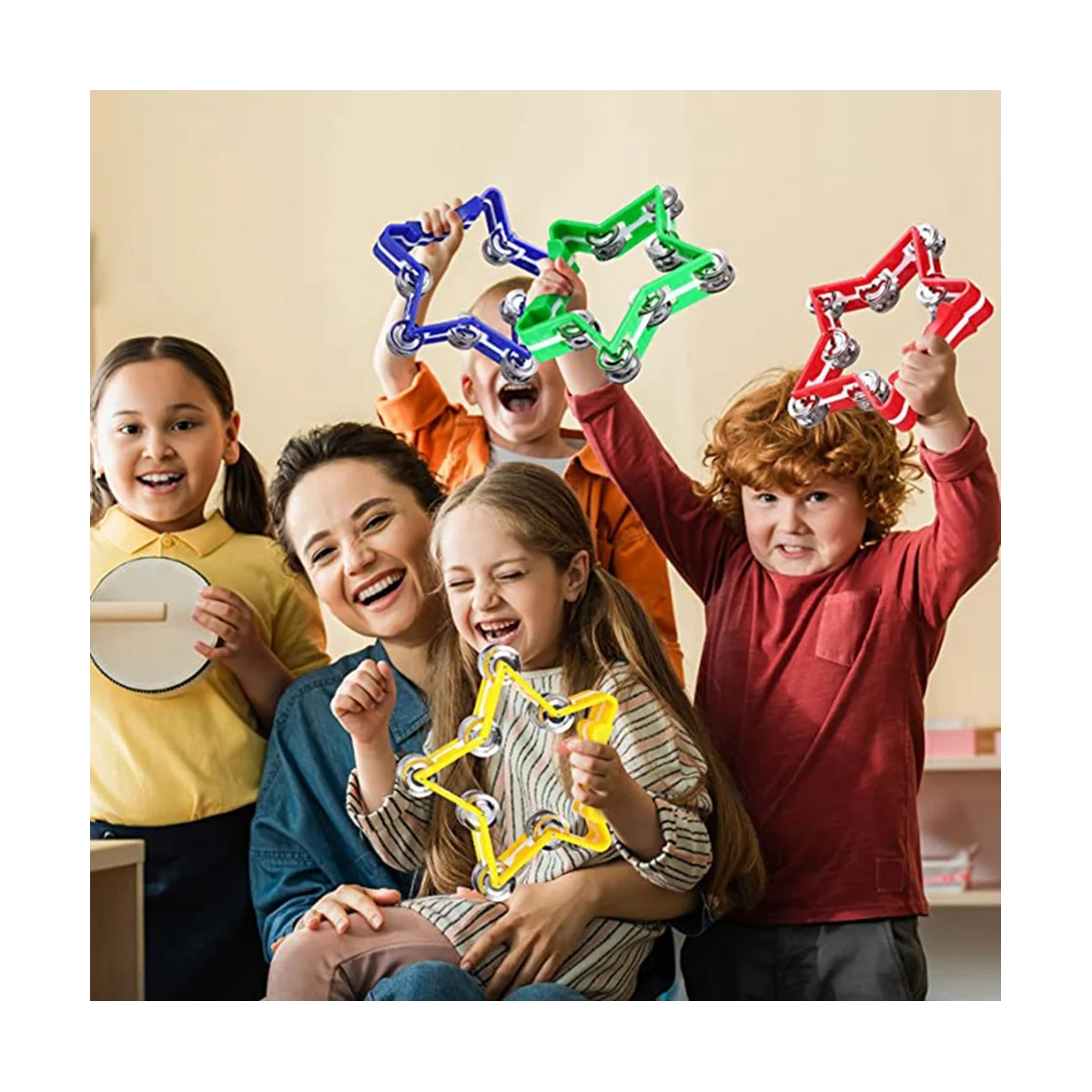 4 Stück Glocken trommel 8 Zoll Stern Kunststoff Percussion Tamburin Erwachsenen Kinder Kirche Musik Rhythmus instrument, 4 Farben