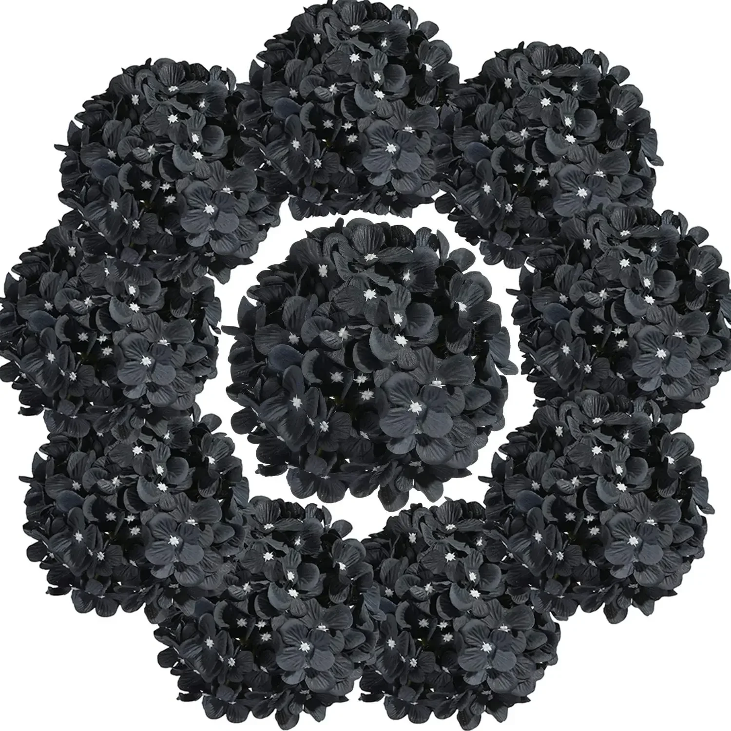 

10PCS Silk Hydrangea Heads with Stems Artificial Flowers for Wedding Party Home Decor (Black)