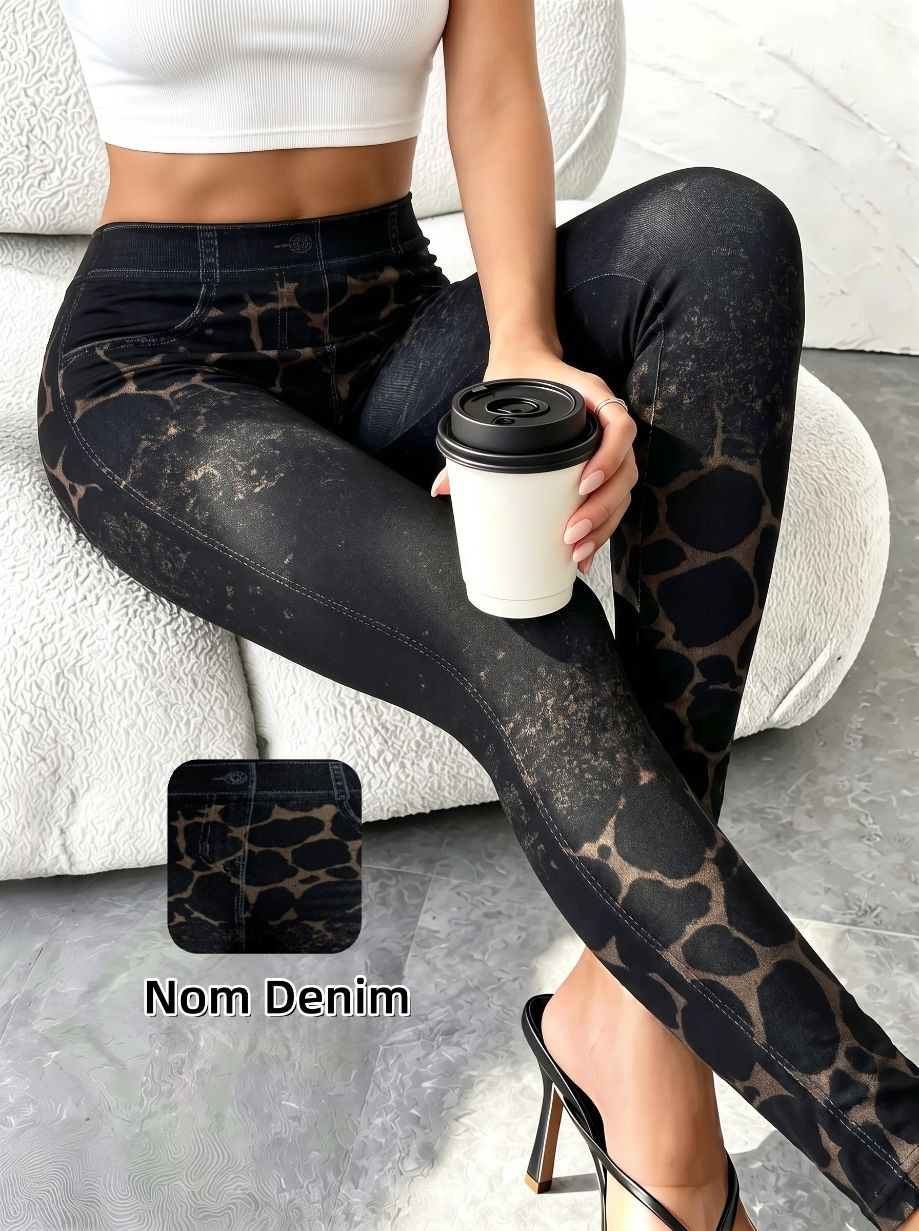Damen Schwarze Vintage Leopardenmuster Faux-Denim Knöchellange Leggings Kühne Hochelastische Hosen für Dates Urlaub Streetwear – Detail 5
