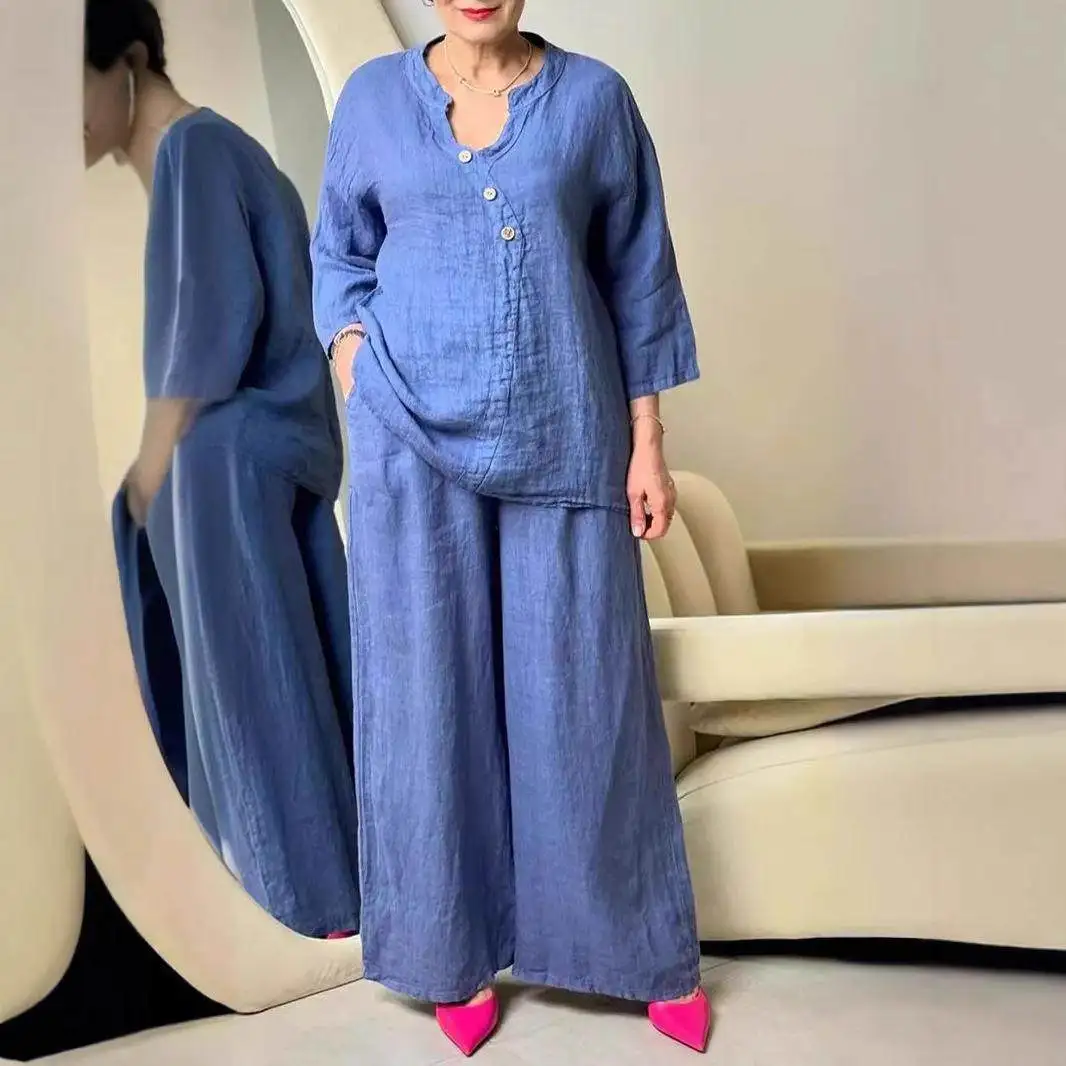 

Summer 2024 New Cotton Linen V-ne Casual Set with Button Comfortable Suit Independent Station Cross-border Women's Wear