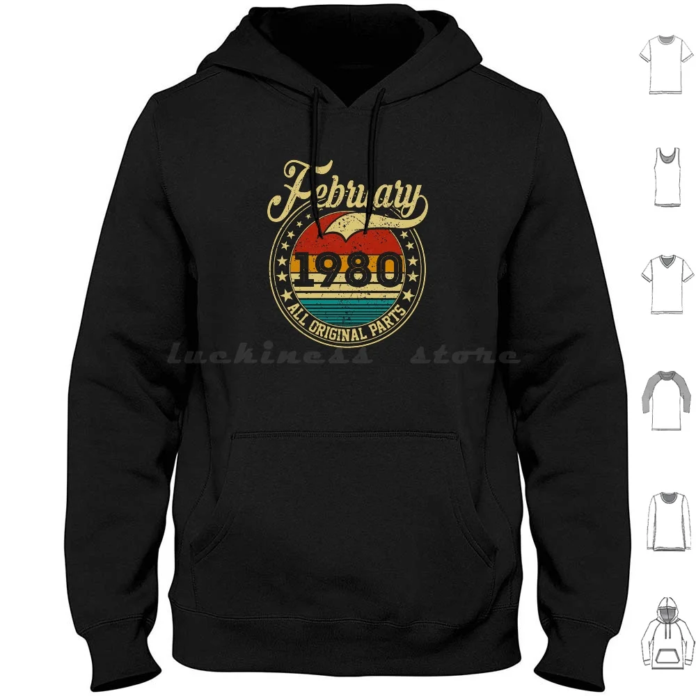 Vintage February 1980 All Original Parts Born In February 1980 41St Birthday Gift 41 Years Old Hoodie cotton Long Sleeve