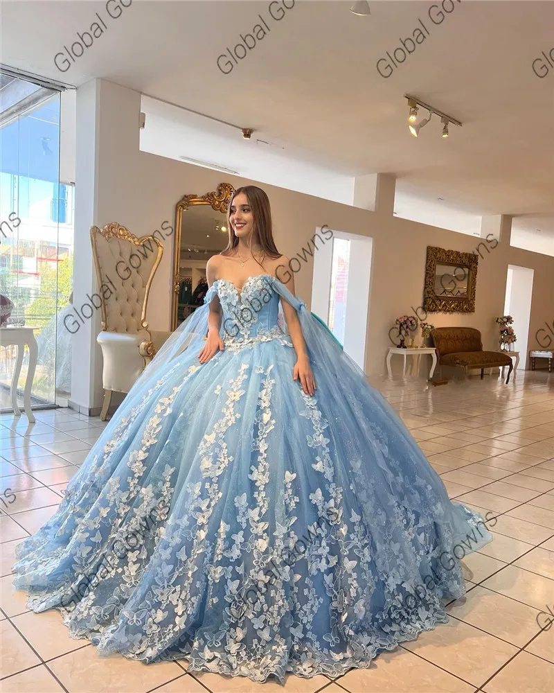 Vestido De quinceañera con escote Corazón Azul De México, vestido De baile De graduación con cuentas, vestido De capa, fiesta De cumpleaños dulce 16, 15