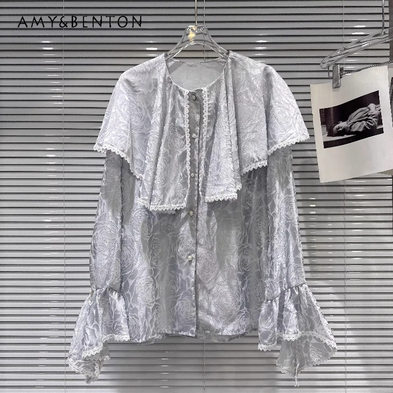 

French Design Ruffled Shawl Flower Satin Women's Long Sleeve Shirt 2026 New Light Blue Loose Slimming Versatile Shirts Ladies