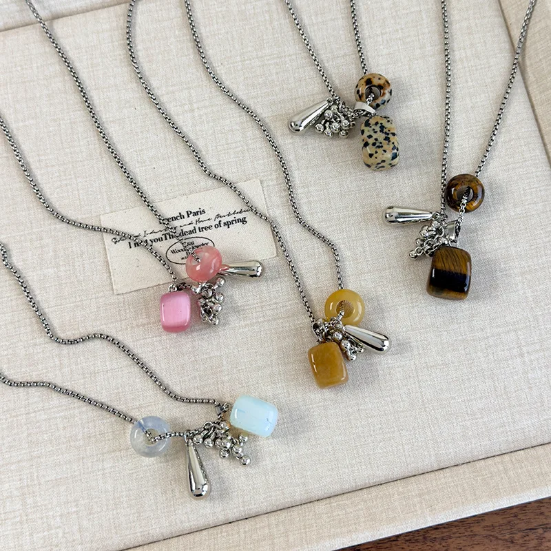 

Natural Stone Necklace with Water Droplet Pendant for Women Adjustable Long Sweater Chain