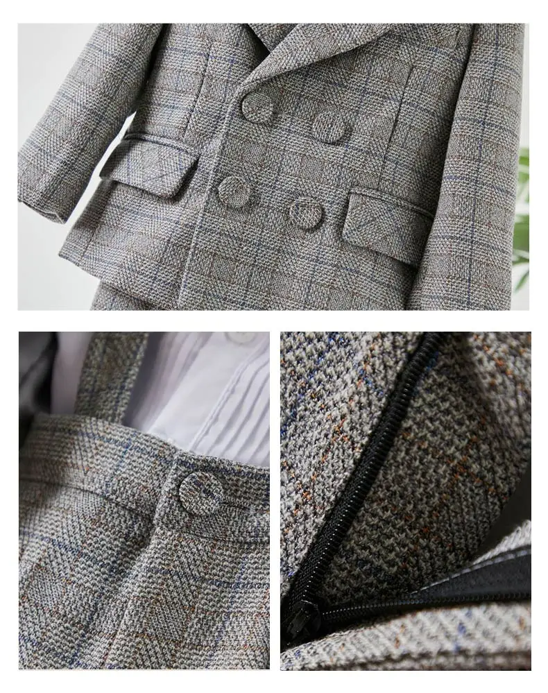 Kinderanzug für Jungen im Gentleman-Stil mit Karomuster, Jacke, Hose, Hosenträgern und Fliege, Formelles Hochzeits- und Fotografie-Kostüm für Babyjungen – Detail 4