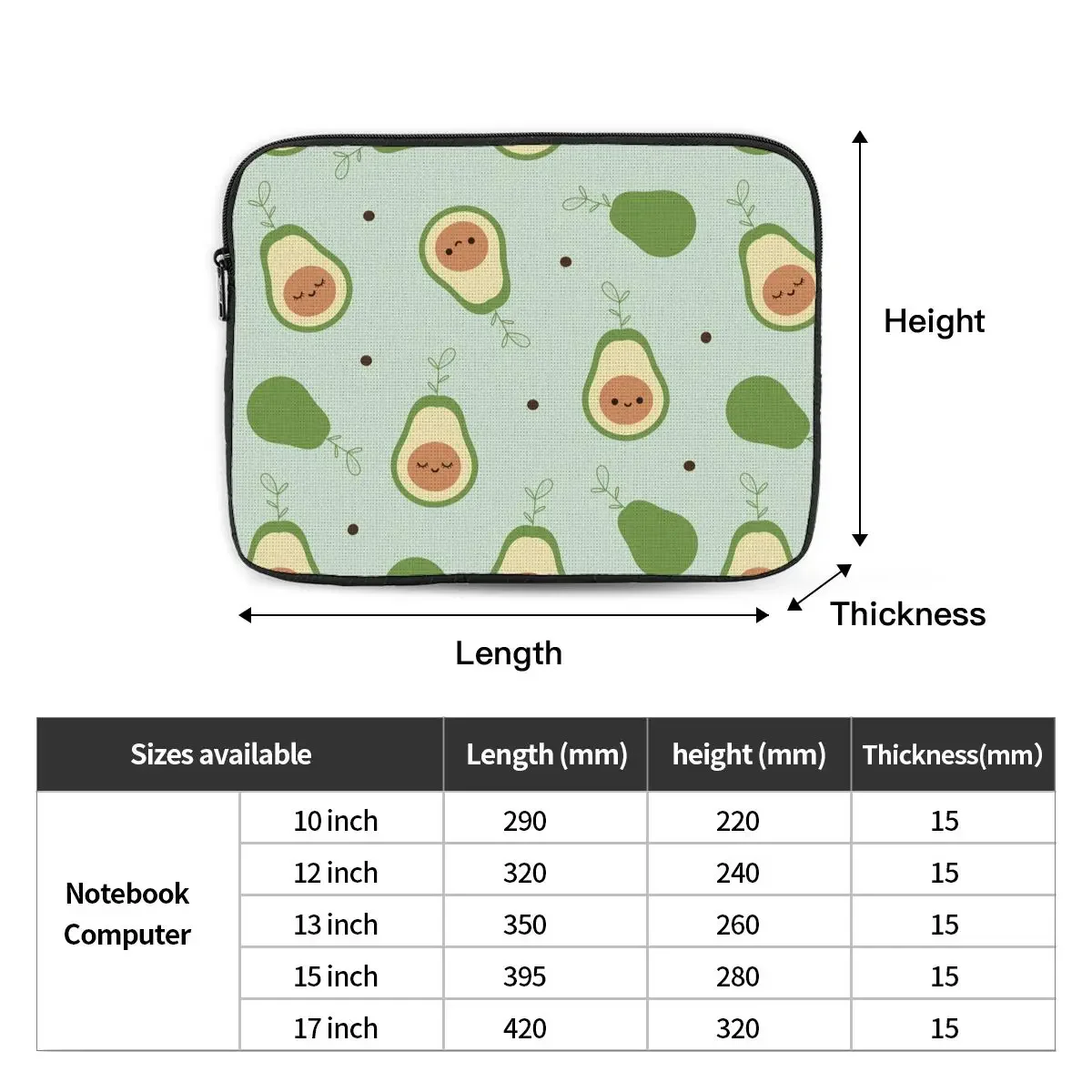 Kawaiiアボカド漫画コンピューター耐衝撃ラップトップスリーブケース、ノートブックカバーバッグ、恋人、12 "、13" 、15 "、17"