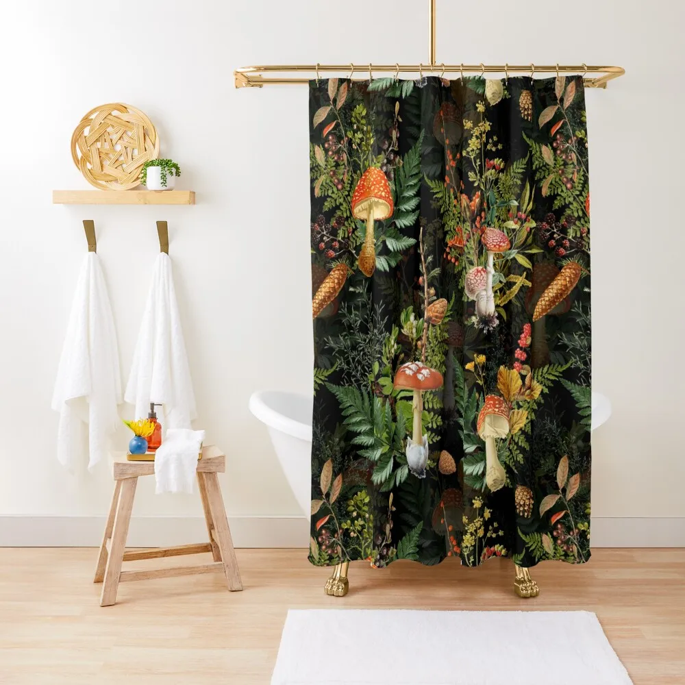 

vintage toadstools in the forest on black Shower Curtain Bathroom Fabric For Bathroom Bathroom And Shower Curtain