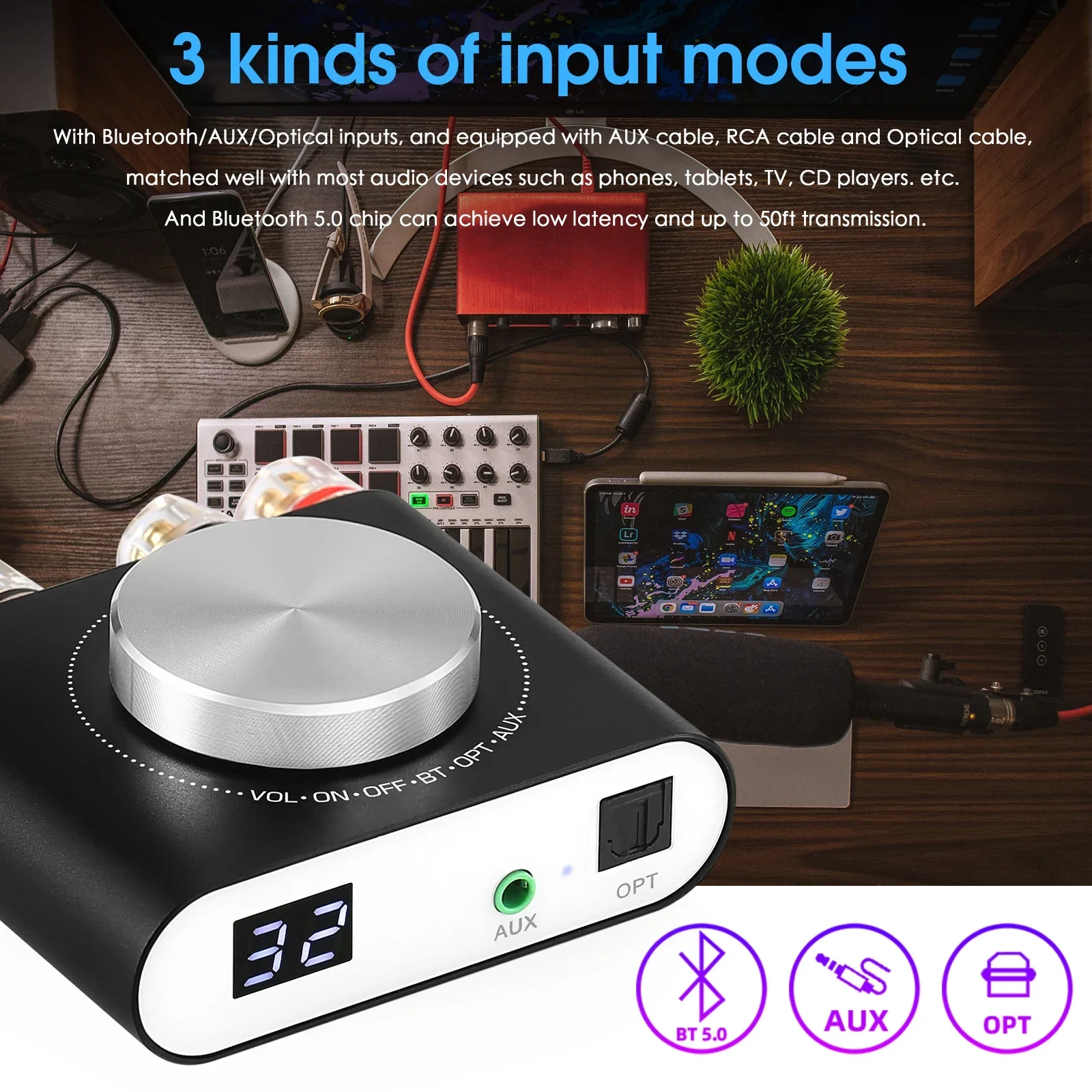 Nobsound Q10 Mini Digital AUX/Optical Amplifier Bluetooth 5.0 Receiver HiFi Class D Desk Power Amp 100W+100W