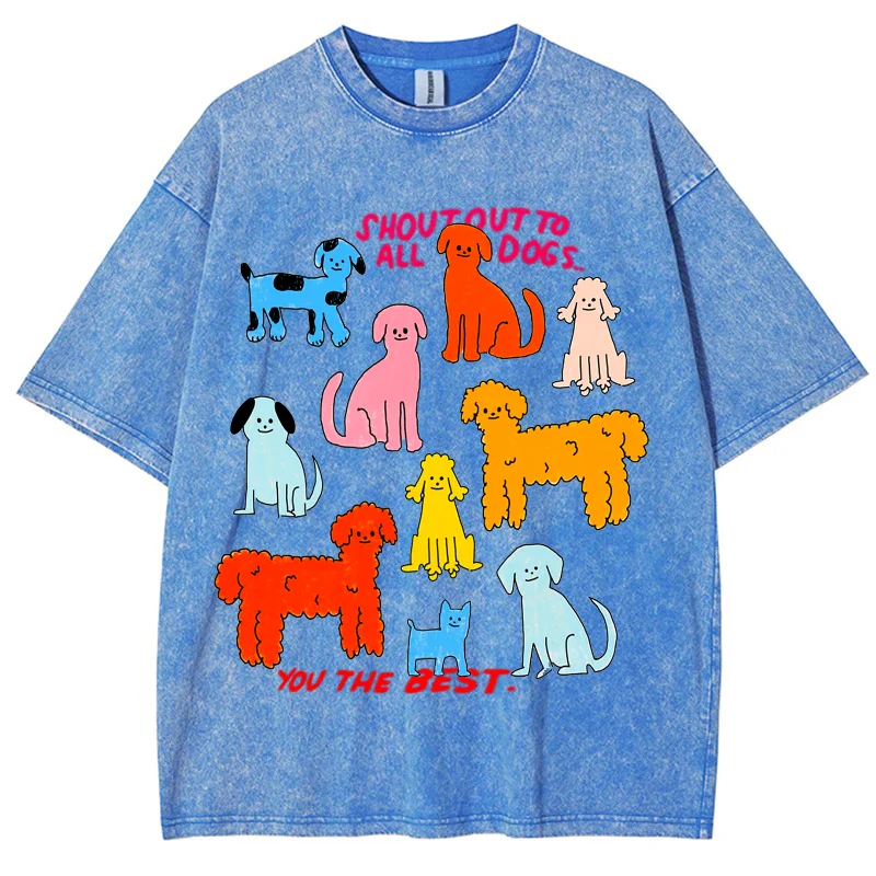 

Vintage Snowflake Washed T Shirts Cartoon Doggy Print Graphic Cotton Short Sleeve 2024 New Women's Summer Clothes Cool Top Y2K