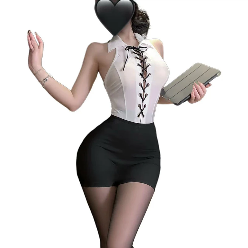 

Woman OL Secretary Sexy Lingerie Teacher Costume Cosplay Nightclub Bag Hip Skirt Female Bodysuit Lace Up Uniform Temptation Set