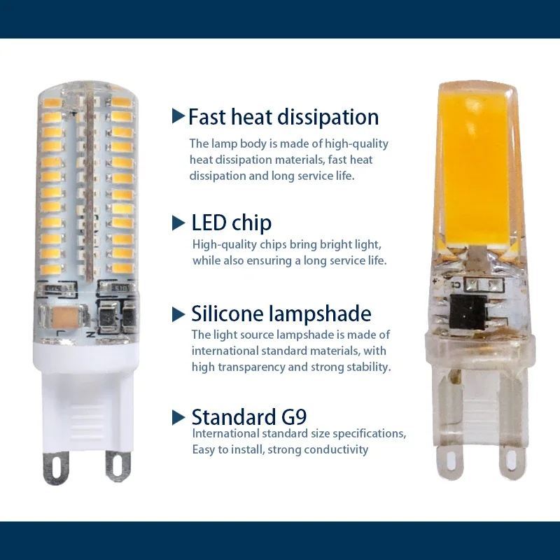 Lâmpada de halogéneo LED Substituição, Lâmpada G9, AC 220V, 6W, 7W, 9W, 10W, 12W, SMD 2835, 3014, 2508, 20W, 30W, 40W, 50W, 6 PCes pelo lote