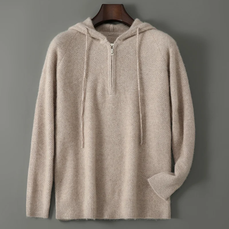 Men's Knitted Sweater 100% Merino Wool Thickened Hoodie Pullover Autumn/Winter New Sweater Casual Loose Long Sleeve Sports Top