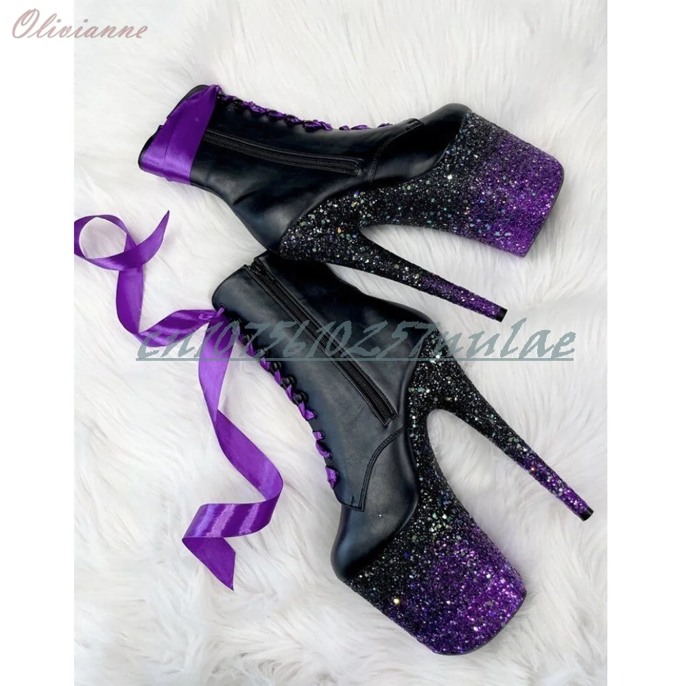 Shiny Glitter Platform High Heel Ankle Boots Sexy Pole Dance Stripper Heels with Purple Lace-up Dance Shoes for Party & Club
