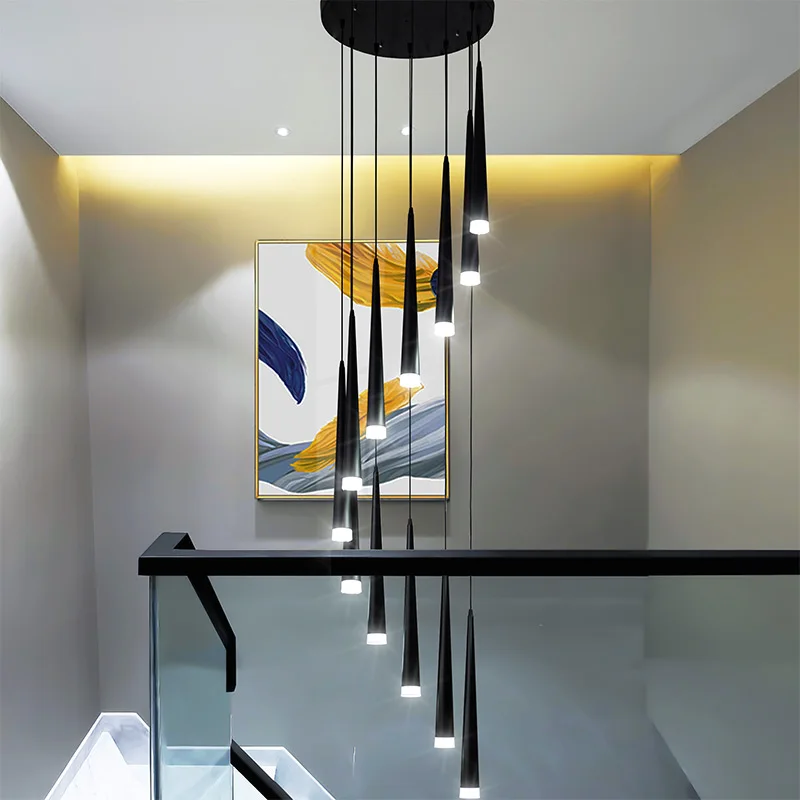 

Modern LED Chandelier Duplex Apartment Building Living Room Chandelier Nordic Attic Black Long Retro Light Luxury Chandelier