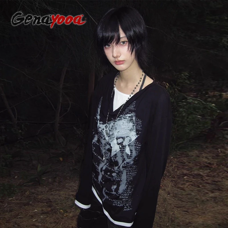 

Genayooa Gothic Vintage T Shirt Women Irregular Fake Two Pieces Tops Y2k Aesthetic Grunge Tops Streetwear Black Casual Tee Tops