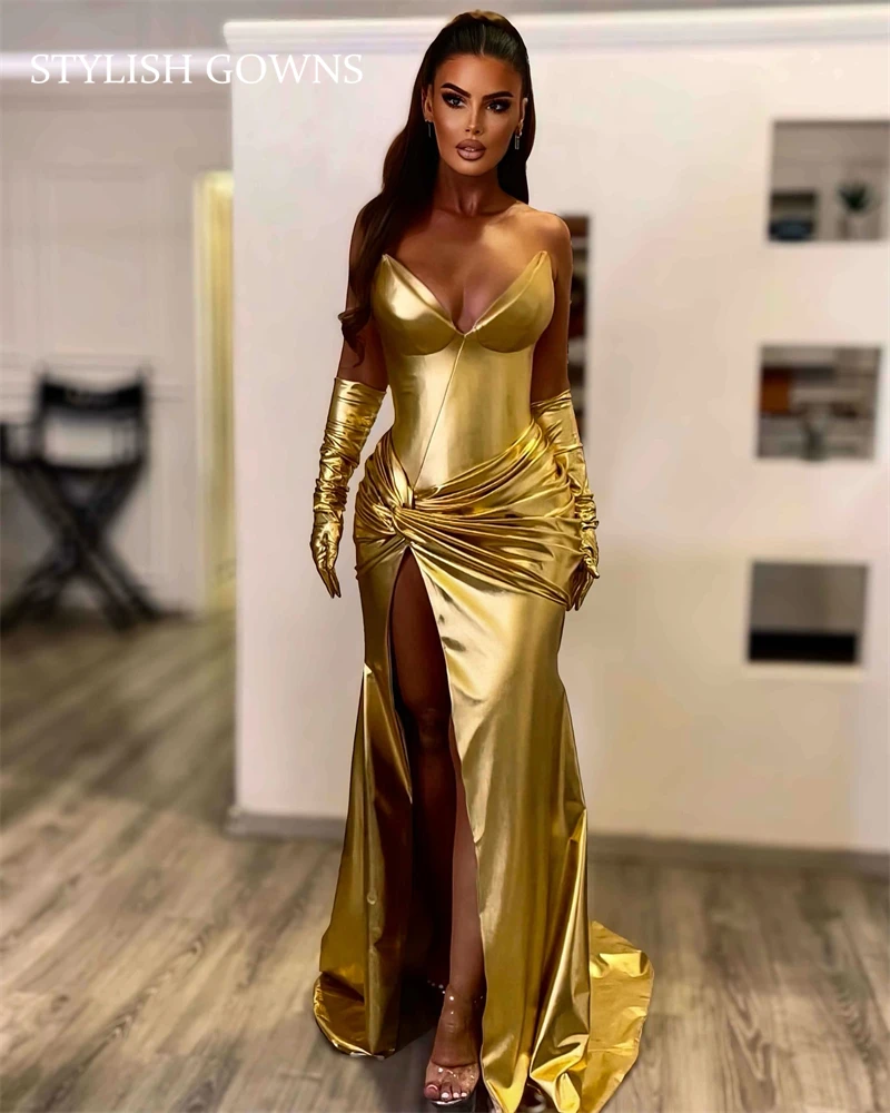 

Gold Sweetheart Long Prom Dresses For Black Girls Pleat 2024 Birthday Luxury Dress Split Evening Dresses With Gloves Customized