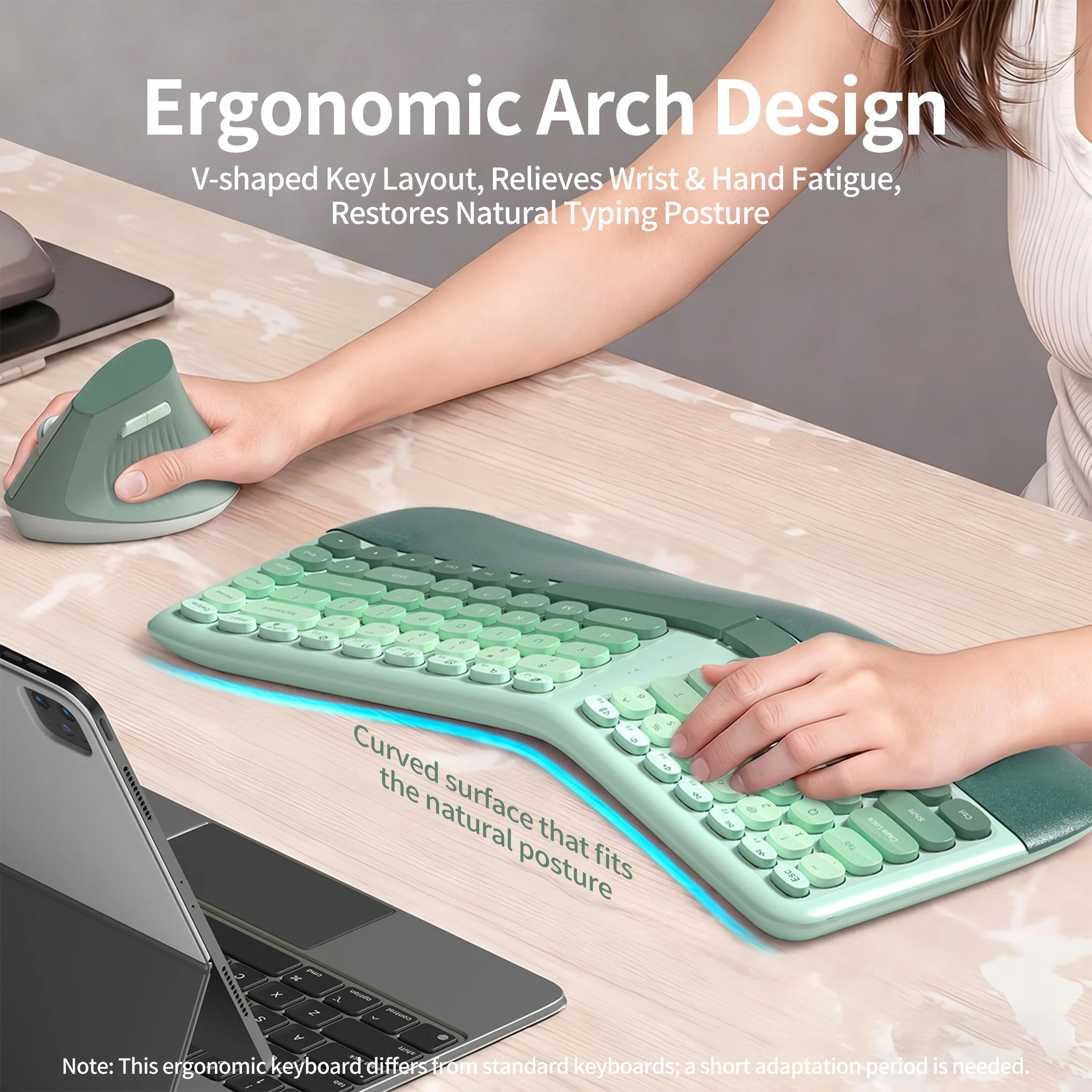 MOFii Gradient Green 2.4G Ergonomic Wireless Keyboard Mouse Set, Split Curved Keyboard & Vertical Mouse, Wrist Relief Office