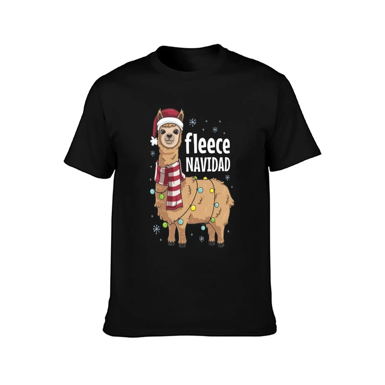 Feliz Navidad Llama Fleece Funny Christmas Lights T-Shirt Basic Crew Neck Short Sleeve Top T-Shirt