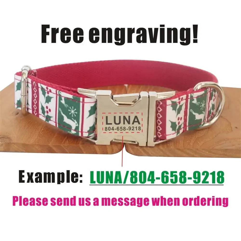 Personalized Dog Collar with Free Engraving, Matching Pet Leash,Customzied Contacts Metal Buckle,Christmas Deer Pet Collar