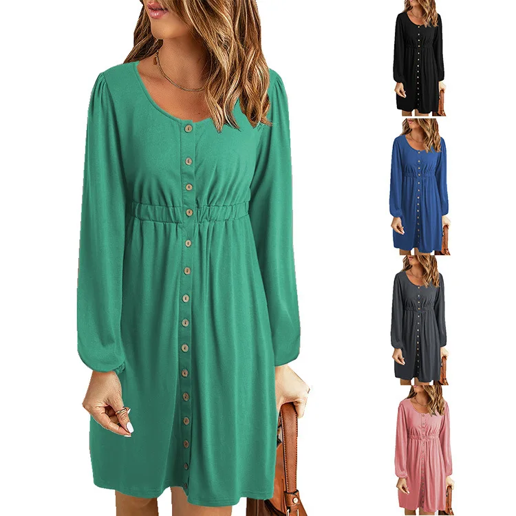 Female Dress Superior Quality Summer Solid Color Lantern Sleeve O Neck Buttons Dresses Casual Vestidos Dropshipping WNSH66121