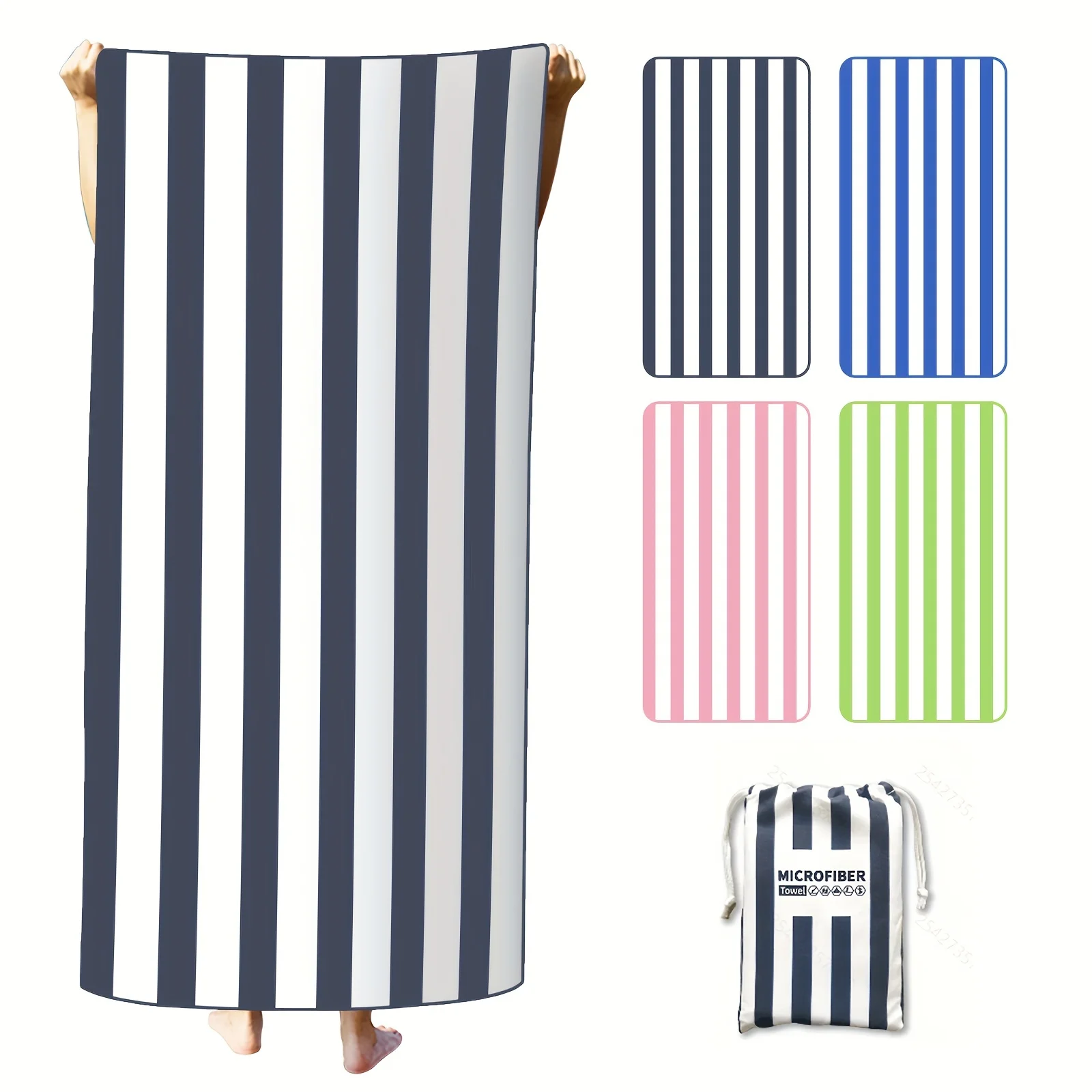 Microfiber Beach Towel Quick Drying Stripe Towel With Portable Bag, Thin and Lightweight Absorbent Towels Perfect Sports & Trave